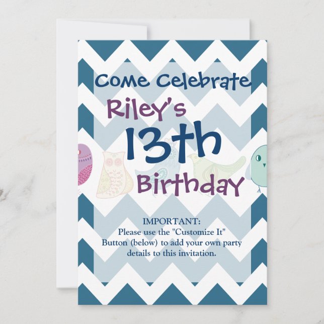 Blue Chevron Stripes Whimsical Cute Birds Owls Invitation (Front)