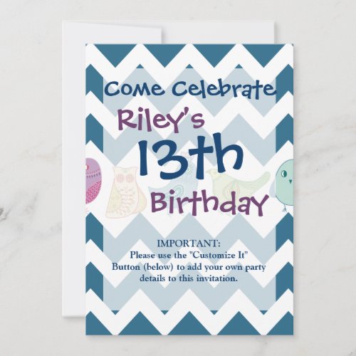 Blue Chevron Stripes Whimsical Cute Birds Owls Custom Invitations
