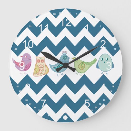 Blue Chevron Stripes Whimsical Cute Birds Owls Large Clock