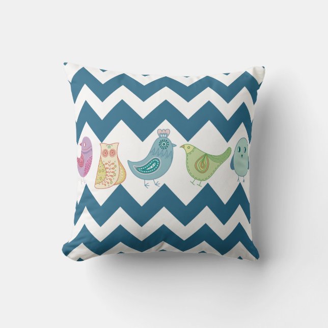 Blue Chevron Stripes Whimsical Cute Birds Owls Throw Pillow (Front)