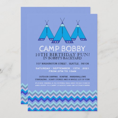 Blue Chevron Tipi Camping Birthday Invitation
