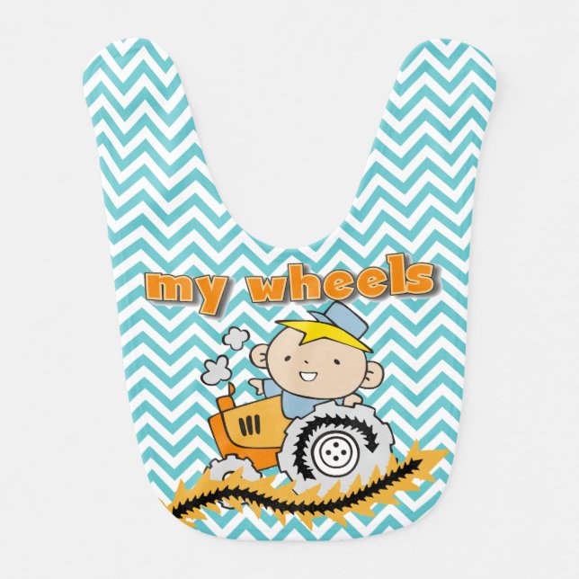 Blue Chevron Tractor My Wheels Bib (Front)