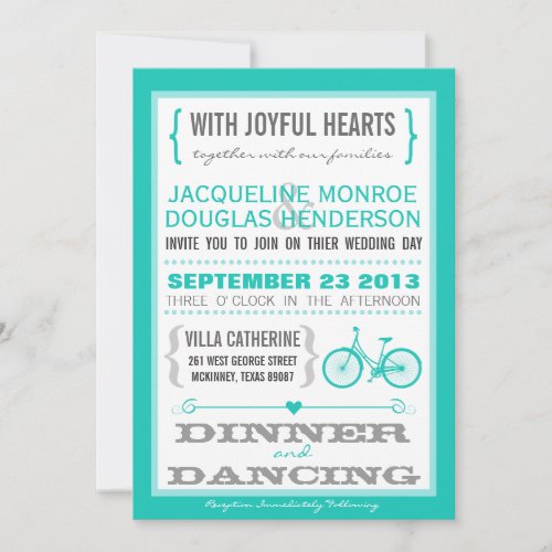 Blue Chevron Trendy Bicycle Hearts Wedding Invite
