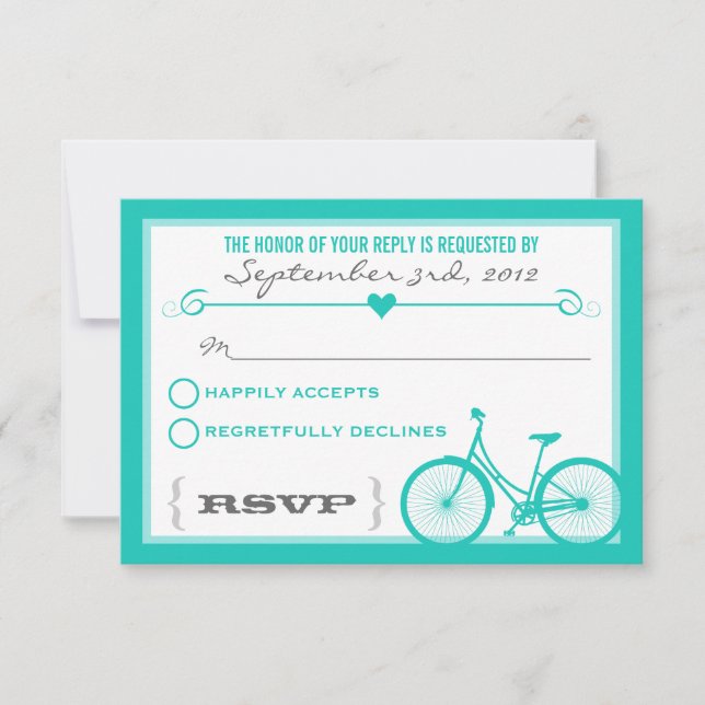 Blue Chevron Trendy Bicycle Hearts Wedding RSVP (Front)