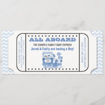 Blue Chevron Vintage Train Ticket Baby Shower Invitation