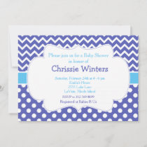 Blue Chevron & White Polka Dots Baby Shower Party Invitation