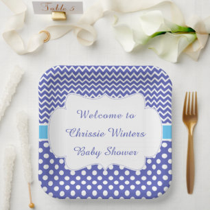 Blue Chevron & White Polka Dots Baby Shower Party Paper Plates
