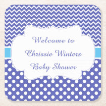 Blue Chevron & White Polka Dots Baby Shower Party Square Paper Coaster