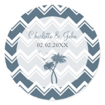 Blue chevron zigzag and Palm Trees Wedding sticker