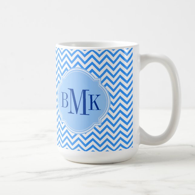 Blue Chevron Zigzag Pattern Monogram Personalized Coffee Mug (Right)