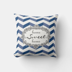 Blue Chevrons Home Sweet Home or Monogram Pillow