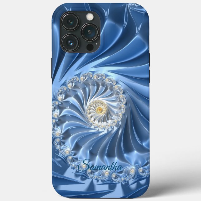 Blue Chic Abstract Fractal Art Custom Name Case-Mate iPhone Case (Back)