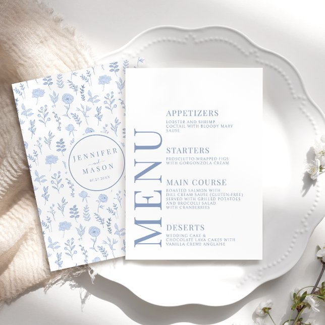 Blue Chic Botanical Boho Wedding Menu Cards (Creator Uploaded)