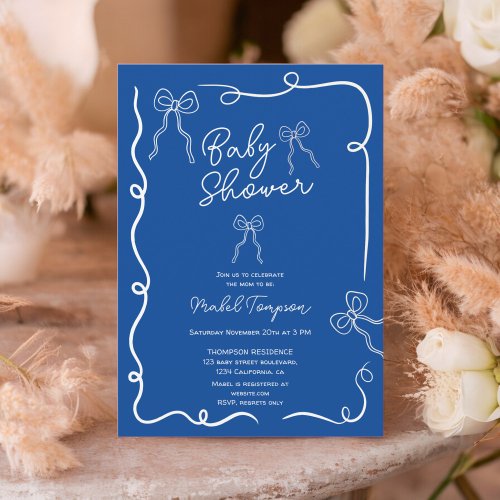 Blue chic bows ribbon illustrations Baby shower Invitation