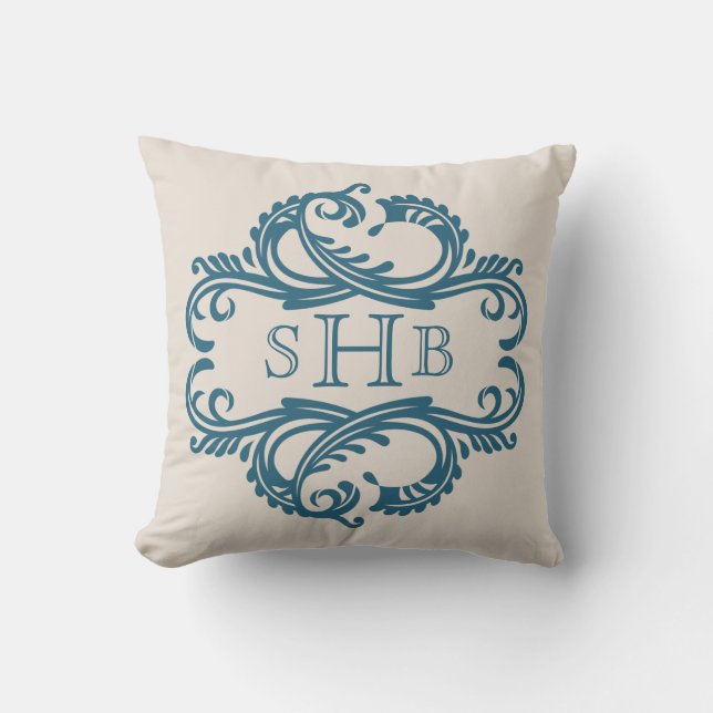Blue Chic Damask Monogram Pillow (Front)