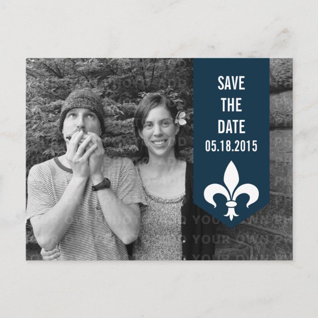 Blue Chic Flourish Banner Save the Date Postcard (Front)