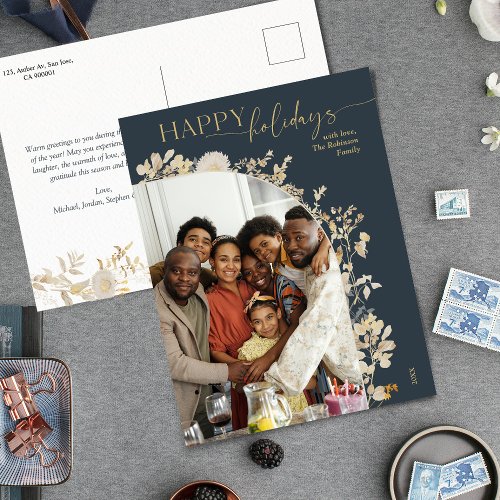 Blue  Chic Gold Happy Holidays Photo  Holiday Postcard