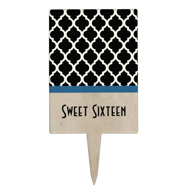 Blue Chic Quatrefoil Sweet 16 Cake Pick (Front)
