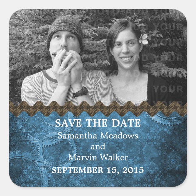 Blue Chic Steampunk Photo Save the Date Stickers (Front)