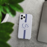 Blue | Chic Stripes Monogram  iPhone 15 Pro Max Case<br><div class="desc">Elevate your everyday style with the Blue | Chic Stripes Monogram Phone Case, where elegance meets personal expression. This case showcases a beautifully designed monogram featuring bold, classic serif initials, prominently displayed at the center, with your name elegantly written below. The combination of soft blue hues and vertical, retro-inspired stripes...</div>