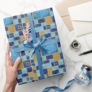 Blue Chic Watercolors Faux Glitter Wrapping Paper
