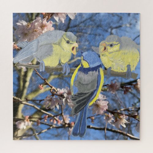 Blue Chickadee Family Amongst Almond Blossom Jigsaw Puzzle