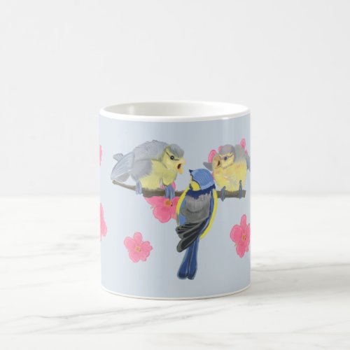 Blue Chickadee family amongst pink Cherry Blossom Coffee Mug