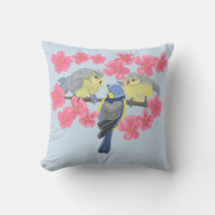 Blue Chickadee Family and Pink Cherry Blossom Throw Pillow