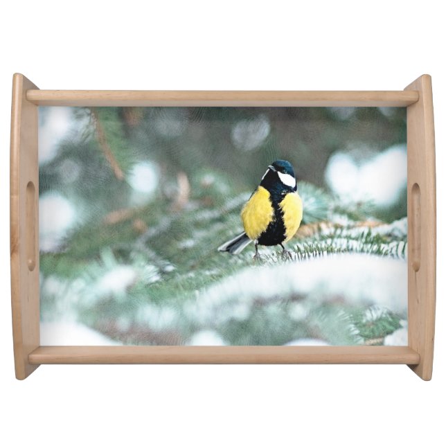 Blue Chickadee On Green Spruce Tree Serving Tray (Front)