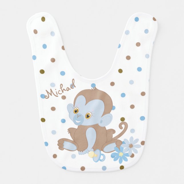 Blue Chimpanzee Polkadot Boys Baby Bib (Front)