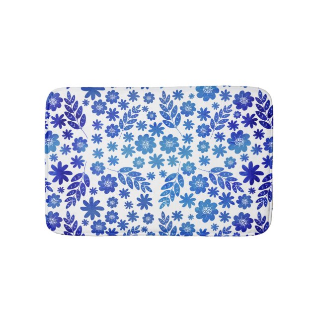 Blue China Hand Drawn Floral Pattern Bath Mat (Front)