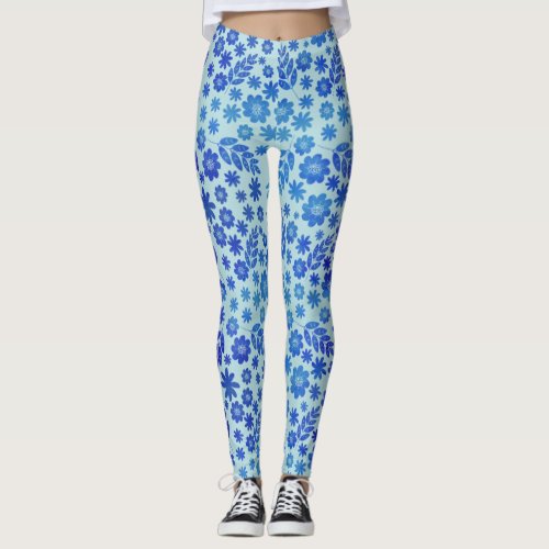 Blue China Hand Drawn Floral Pattern Leggings