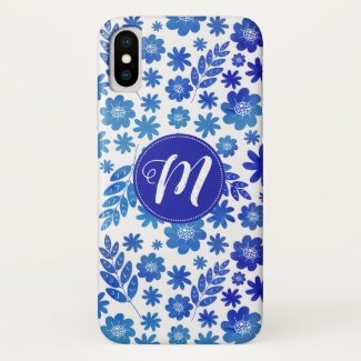 Blue China Hand Drawn Floral Pattern & Monogram