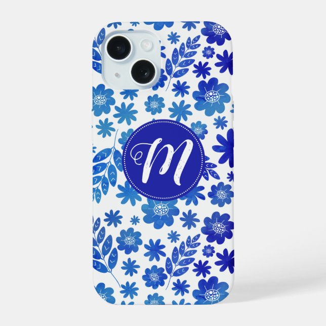 Blue China Hand Drawn Floral Pattern & Monogram Iphone Case (Back)