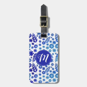 Blue China Hand Drawn Floral Pattern & Monogram Luggage Tag