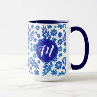 Blue China Hand Drawn Floral Pattern & Monogram Mug