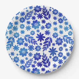 Blue China Hand Drawn Floral Pattern Paper Plates