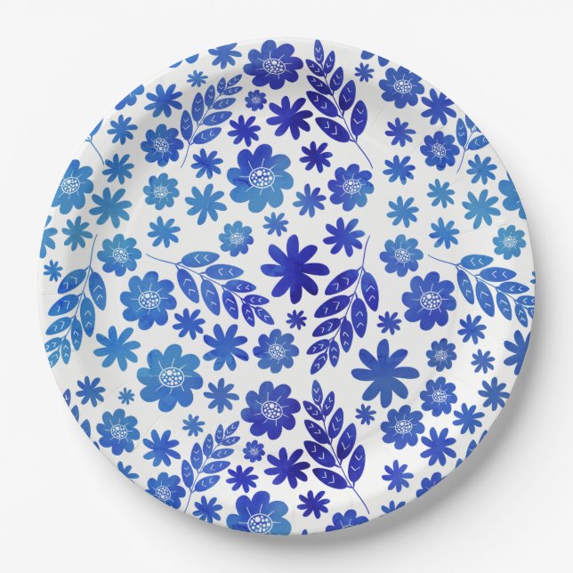 Blue China Hand Drawn Floral Pattern Paper Plates (Front)