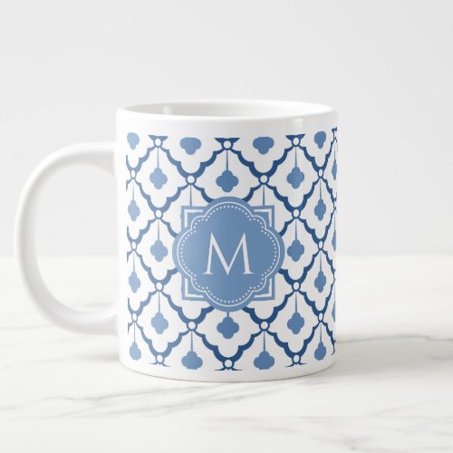 Blue Chinese Ceramic Pattern with Monogram Giant Coffee Mug