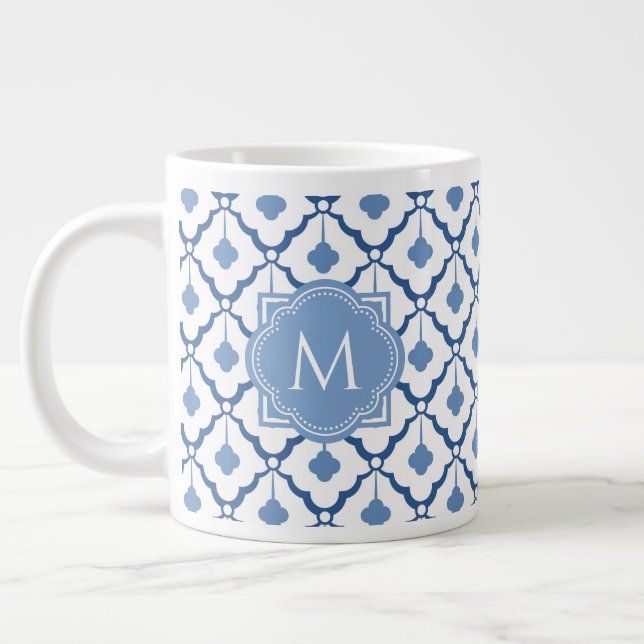 Blue Chinese Ceramic Pattern with Monogram Giant Coffee Mug (Left)