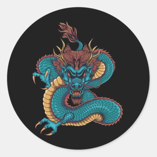 blue chinese dragon classic round sticker