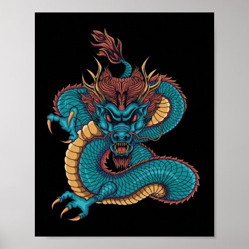 blue chinese dragon poster