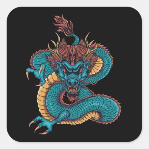 blue chinese dragon square sticker