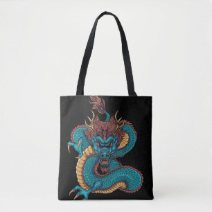 blue chinese dragon tote bag