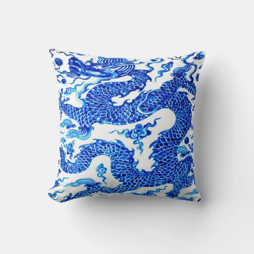Blue Chinese Dragon Vintage Illustration Art Throw Pillow