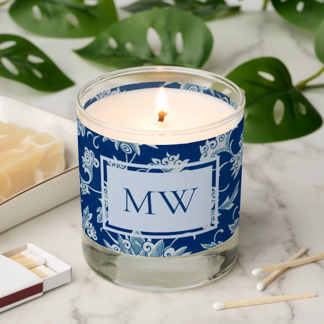 Blue Chinese Floral Custom Monogram Scented Candle (Lit)