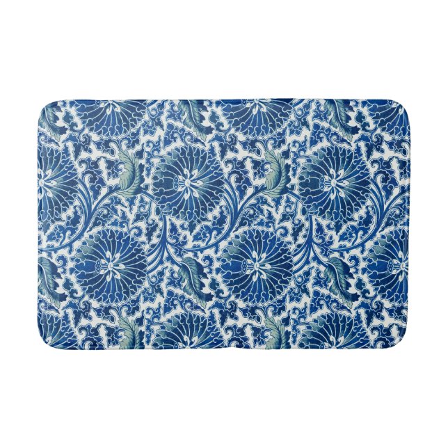 Blue Chinese Floral Pattern Bath Mat (Front)