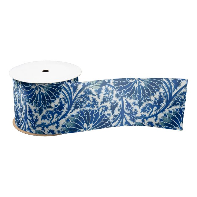 Blue Chinese Floral Pattern Satin Ribbon (Spool)