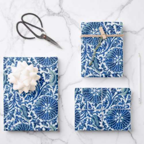 Blue Chinese Floral Pattern Wrapping Paper Sheets