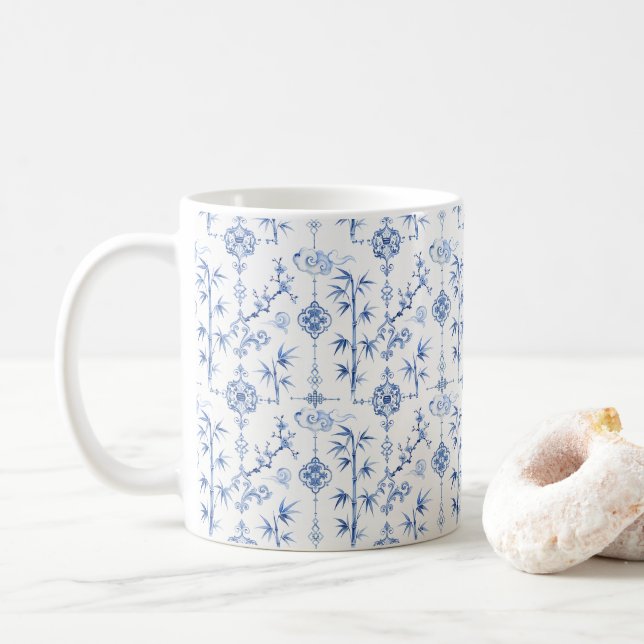 Blue Chinese Motifs Coffee Mug (With Donut)